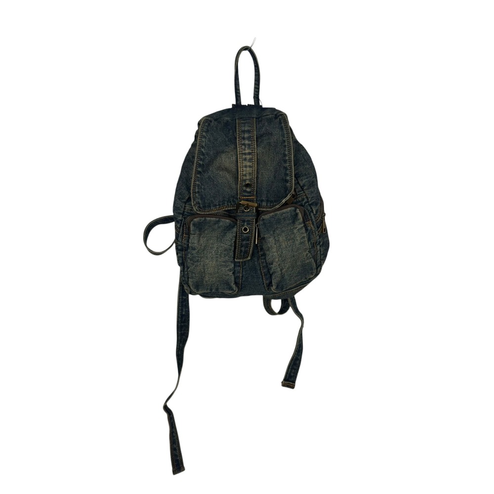 AHTOH Denim Mini Backpack OS Blue Acid Wash Multi Pocket Y2K Grunge Streetwear